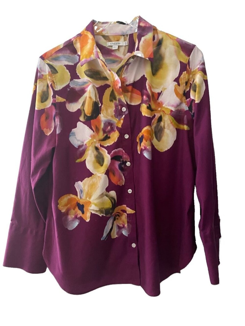Chicos Top Button Up Size 2 US Large Magenta Floral Fall Cotton Shirt Pretty